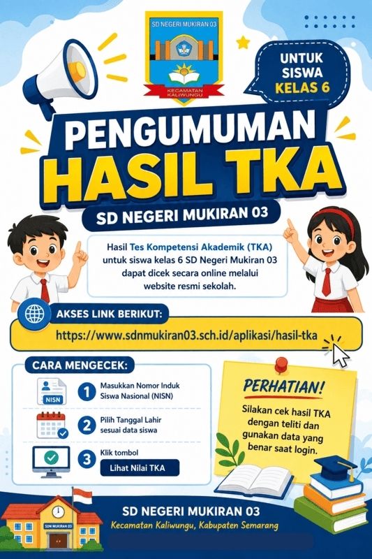 Pengumuman Hasil Tes Kompetensi Akademik (TKA) Siswa Kelas 6 SDN Mukiran 03